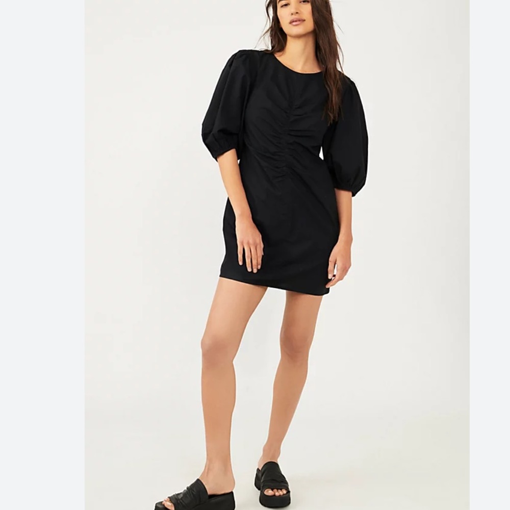 Free People Hope Puff Sleeve Cotton Minidress In Black Size L